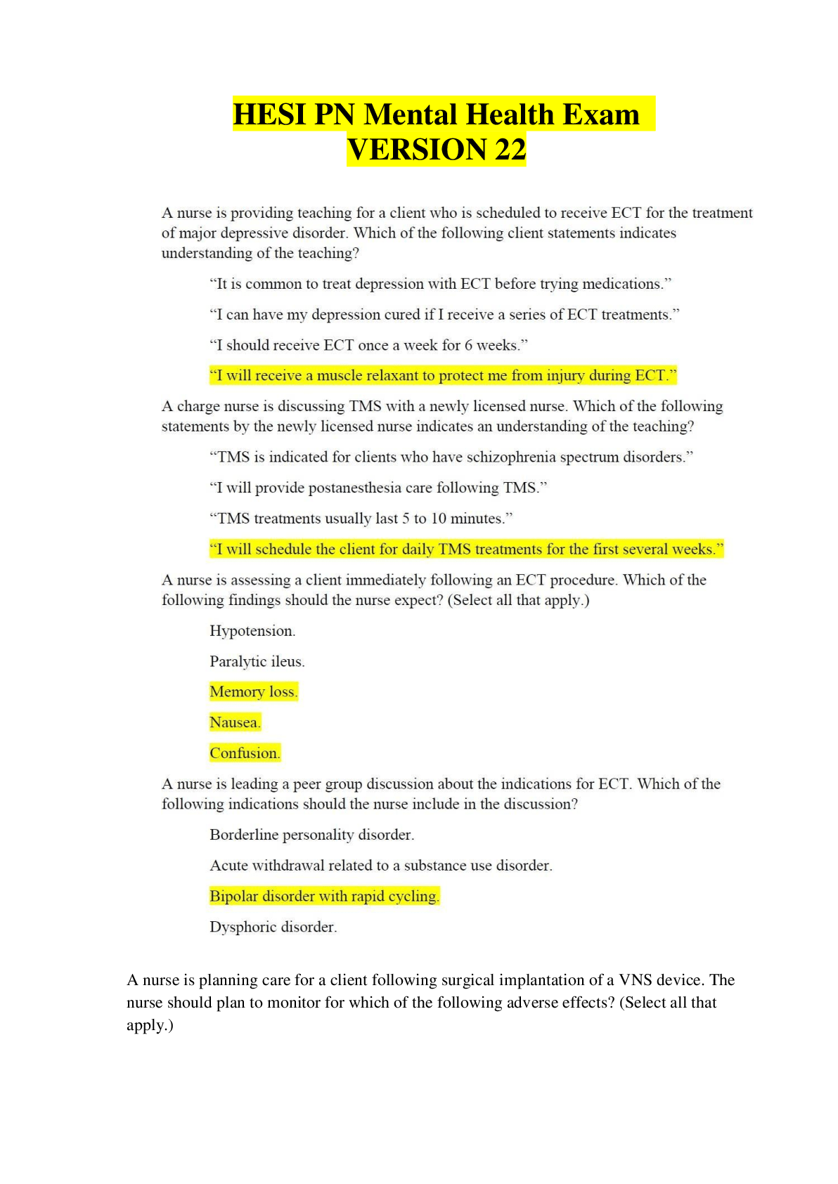 HESI PN Mental Health Exam Version 22 Questions & Answers with